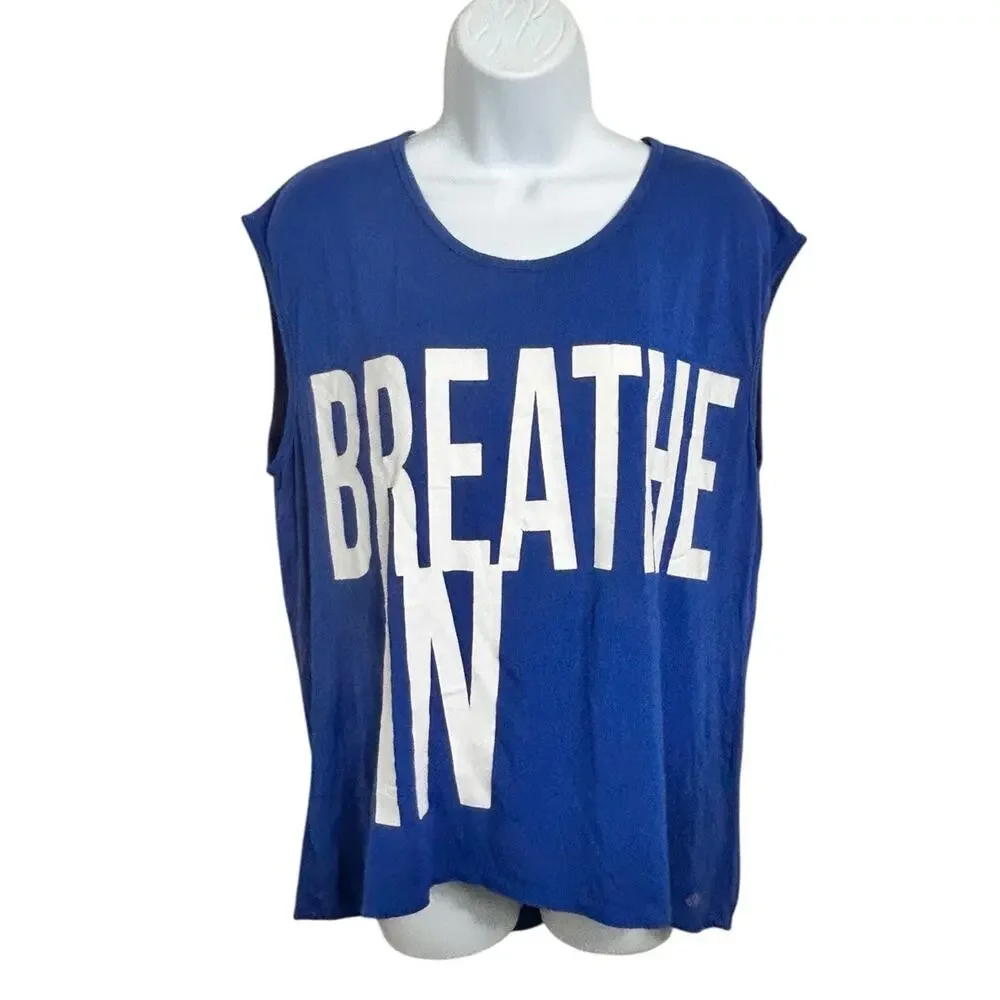 Women's Blue Muscle Shirt Sz M Breathe In Breathe Out Sleeveless Yoga Tee Top